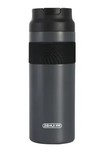Sleek 316 stainless steel insulated thermos with black flip-top lid