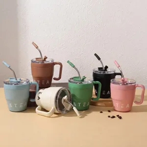 Moderne Minimalistische 304 Edelstahl Isolierbecher Mit Griff Und Strohhalm Tragbare Vakuum Reisebecher Für Home Office