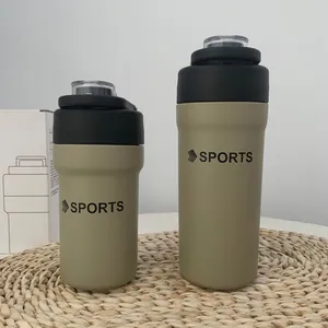 Dual-size khaki 304 stainless steel insulated sports water bottles with black lids and straw