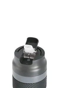 Detail of flip-top lid and drinking spout on a stainless steel sports water bottle