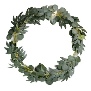 Overhead detailed view of a lush green artificial eucalyptus wreath on a white background