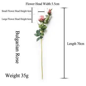 Dimensions de la rose bulgare artificielle montrant 70cm de long et 35g
