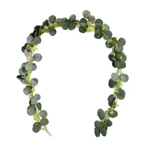 Detailed view of artificial eucalyptus garland with lifelike green leaves and seeds