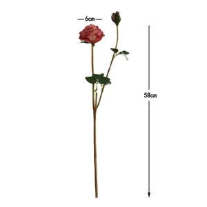 Detailed view of artificial burnt-edge rose with 58cm height and 6cm flower diameter.