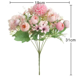Detailed view of artificial pink flower bouquet showing 31cm height and 19cm width