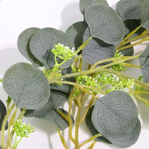 Detailed texture view of artificial eucalyptus garland with green leaves and berries