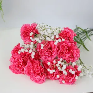 Vista de detalle de claveles rosas artificiales mezclados con flores blancas de paniculata
