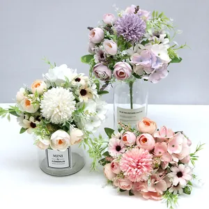 Detail view of artificial rose and hydrangea bouquet in elegant pastel tones