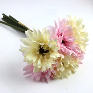 Detailed view of 6-piece artificial Gerbera Daisy bouquet in soft pink and cream silk.