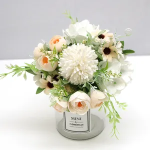 Detailed view of Nordic ins style artificial rose and hydrangea bouquet in glass vase