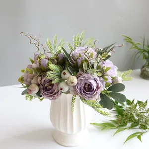 Elegant purple peony artificial flower bouquet in a white textured vase for home decor