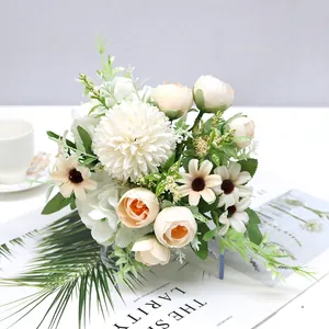 Close-up of Nordic style artificial bouquet with roses and hydrangeas for home decor