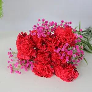 Primer plano detallado de hermosos claveles rojos artificiales y paniculata rosa