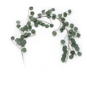 Vue détaillée d'une guirlande de feuilles d'eucalyptus artificielles sur fond blanc