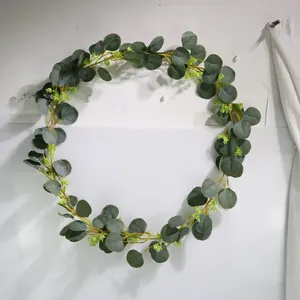 Close-up detail of the lush green eucalyptus leaves on a decorative round garland