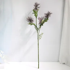 Detailed view of a 4-head flocked thistle artificial flower for home decoration.