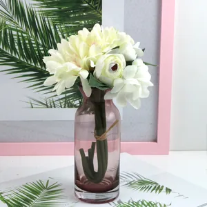 Elegant white artificial Gerbera and Rose bouquet set in a pink glass vase home decor