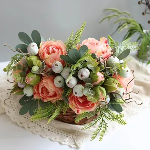 Detailed view of Penglai peony artificial flower bouquet arranged in a wicker basket