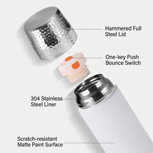 Portable white insulated bottle with hammered steel lid and 304 stainless liner