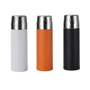 Set of three 316 stainless steel vacuum flasks featuring elegant hammered silver lids