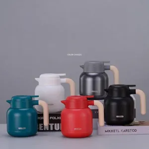 Bouteille Isotherme sous Vide en Acier Inoxydable 304 Grande Capacité Théière à Café Poignée Grain de Bois Minimaliste