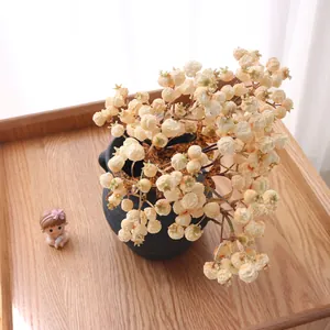 Detail view of artificial creamy white pomegranate fruit branch in a rustic black vase