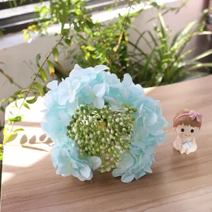 Detailed view of light blue silk hydrangea flower head for home decoration and crafts