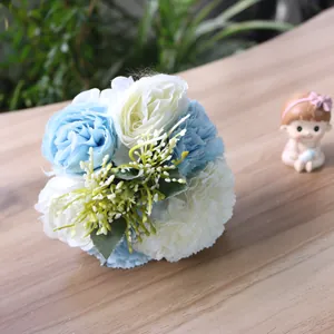 Detail of light blue and white artificial hydrangea carnation bouquet for decoration
