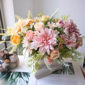 Close-up of a bridal bouquet with pink dahlia and roses for home decor