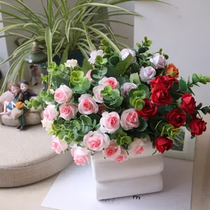 Artificial Rose Bouquet With Eucalyptus Leaves Silk Flowers For Wedding Decor Home Party Floral Arrangement Romantic Centerpiece
