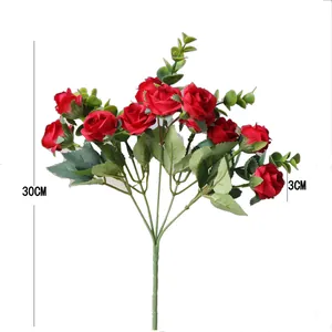 Detail view showing 30cm height and 3cm rose heads of red artificial eucalyptus bouquet