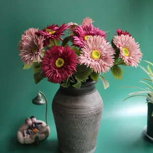 Detailed view of artificial gerbera daisies in a vintage ceramic vase decoration