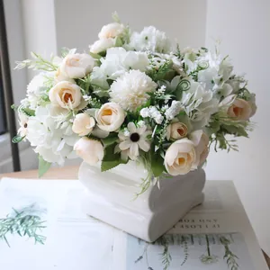Elegant artificial white tea bud hydrangea bouquet in white ceramic vase for home decor