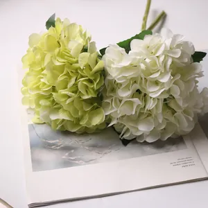 Detailed macro view of artificial white and lime green hydrangeas for home decor.