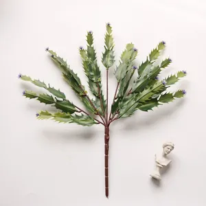 Realistic artificial green cactus branch with purple flowers for garden and fish tank decor.