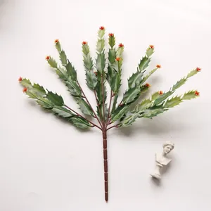 Highly realistic green artificial cactus branch with red flower tips for aquarium decor