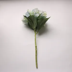 Detail view of artificial hydrangea flower with realistic pale blue and white petals