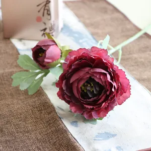 Close-up detail of a dark red 2-head silk artificial peony flower for elegant home decor