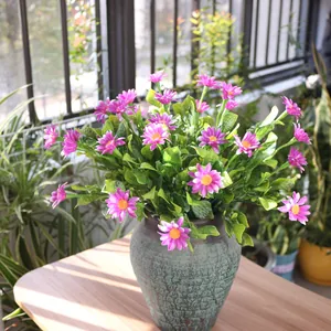 Realistic artificial pink daisy chamomile bouquet in vintage ceramic vase for balcony decor