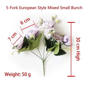 Artificial flower bouquet with peonies and hydrangeas, detailed size dimensions shown.