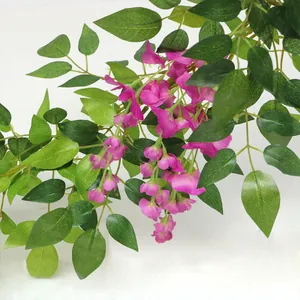 Detailopname van realistische roze blauweregenbloemen en groene bladeren aan rank