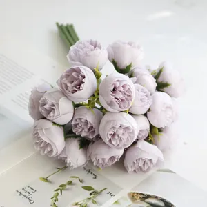 Detail view of a 27-head artificial tea rose bouquet in lavender lilac for home decor