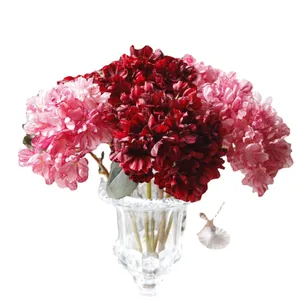 Elegant French vintage burnt-edge hydrangea artificial flowers in a clear glass vase