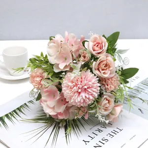 Close-up of pink artificial rose and hydrangea bouquet for Nordic home decor