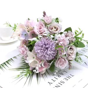 Detailed close-up of pink artificial roses and hydrangeas for Nordic home decoration