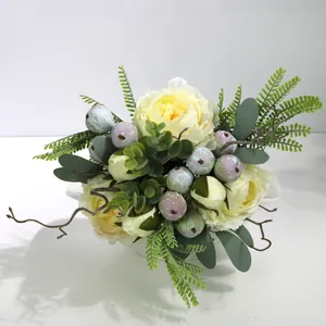 Close-up detail of artificial Penglai peony flowers with realistic leaves and berries.
