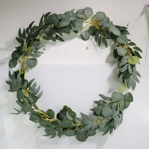 Detailed view of artificial eucalyptus and willow leaf greenery wreath decoration