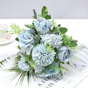 Detail of light blue artificial peony and hydrangea bouquet for Nordic home decoration decor