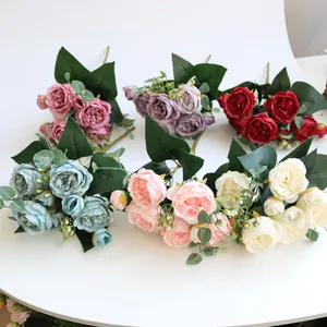 Kunstmatige zijden pioen- en theeroosboeketten in diverse kleuren voor woondecoratie