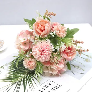 Detailed close-up of artificial peach peony and rose bouquet for Nordic home decor